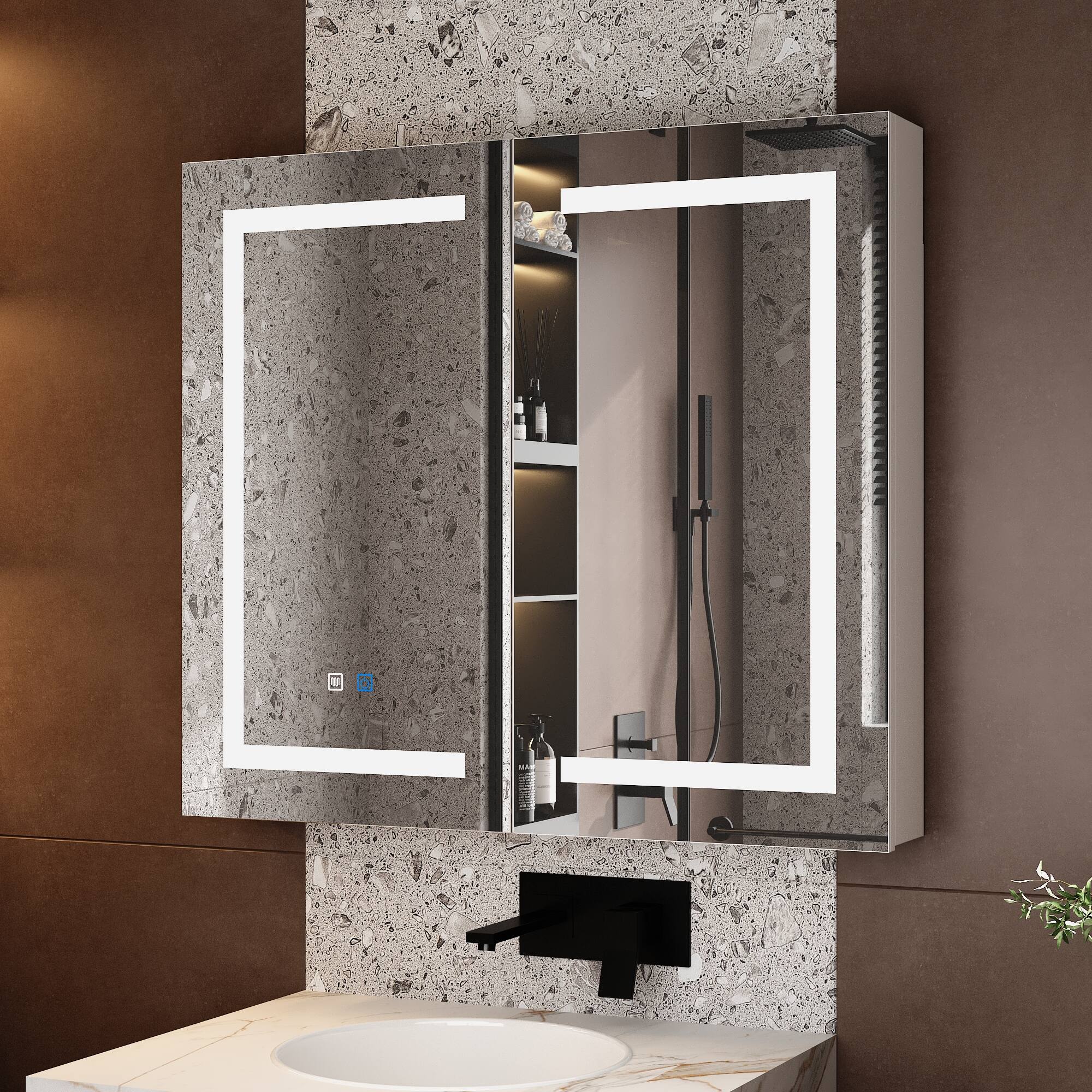 Left. Famapy - Smart Bathroom Mirror Cabinet with LED Lighting, Anti-Fog, Hidden Storage & Modern Vanity Design - White.