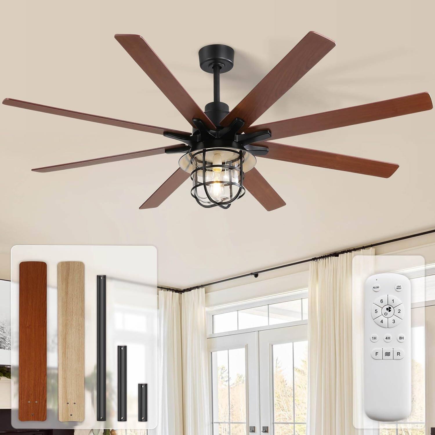 Sofucor - Large 66'' Ceiling Fans with Lights and Remote Farmhouse Ceiling Fan Noiseless Reversible DC Motor with Glass Lampshade - Black