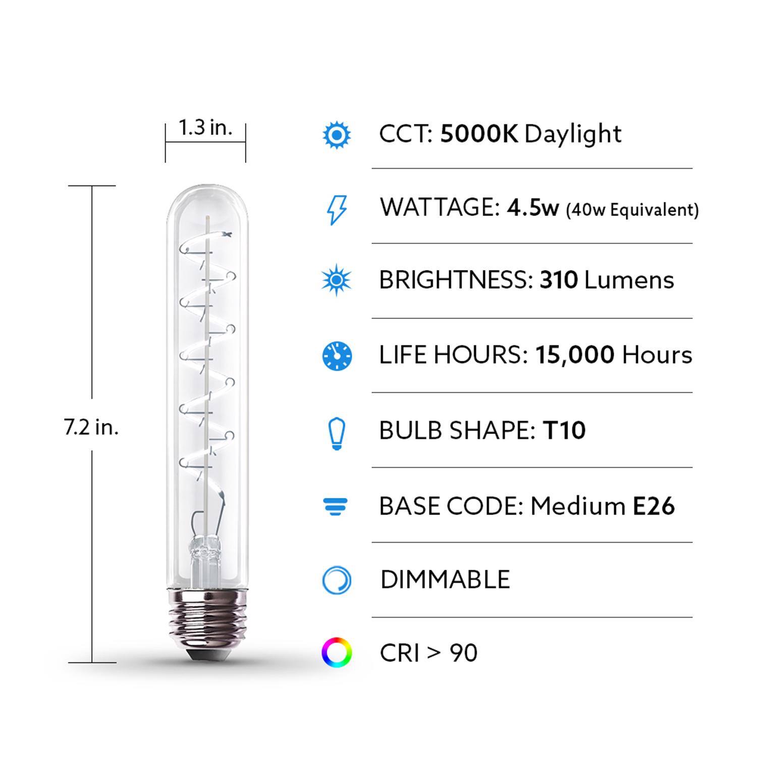 1.3 in.  
CCT: 5000K Daylight  
WATTAGE: 4.5w (40w Equivalent)  
BRIGHTNESS: 310 Lumens  
LIFE HOURS: 15,000 Hours  
7.2 in.  
BULB SHAPE: T10  
BASE CODE: Medium E26  
DIMMABLE  
CRI > 90