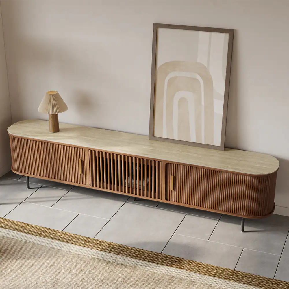 Angle. POVISON - 94"Mid-Century Modern Sintered Stone Tabletop TV Stand - Walnut with Sintered Stone.