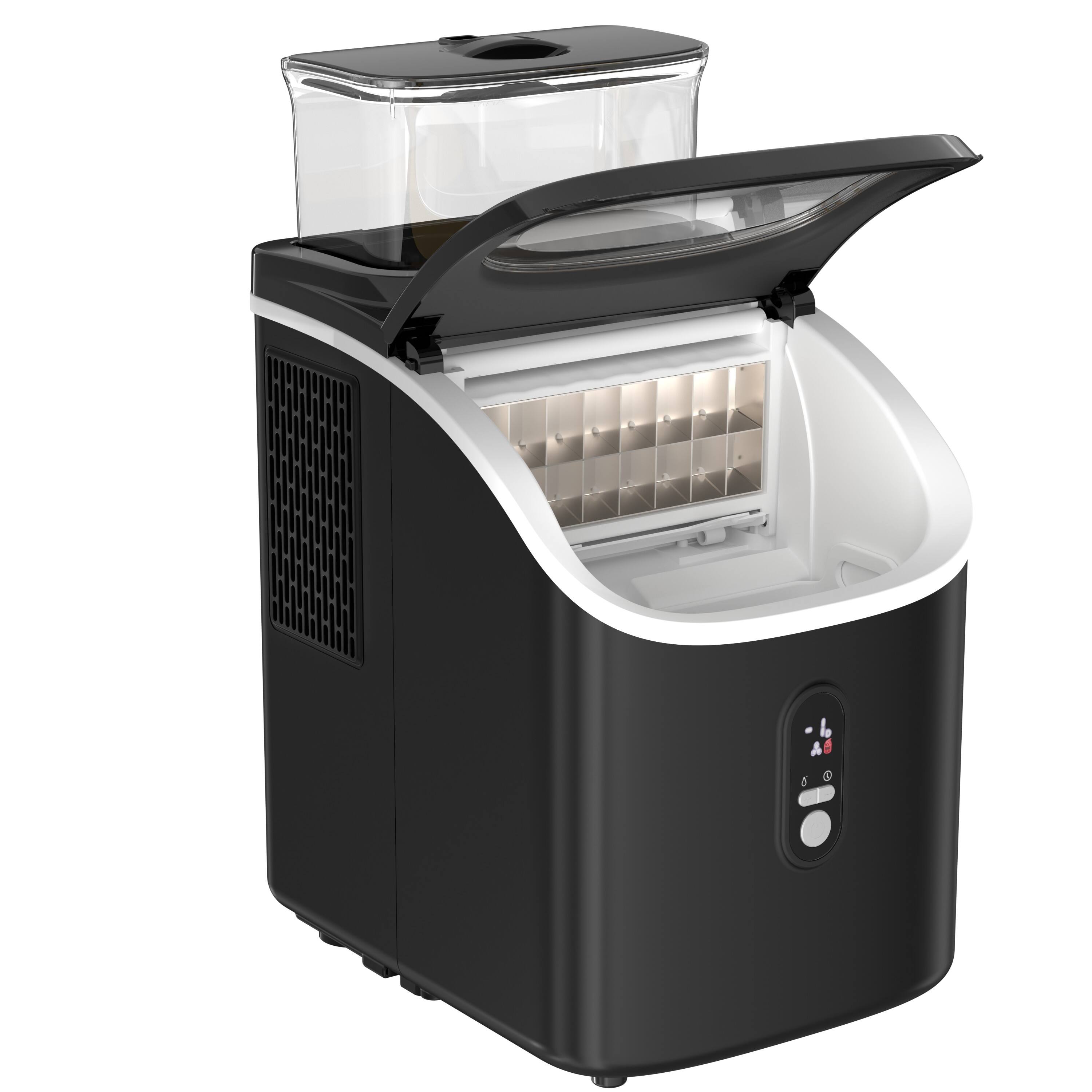 Left. LHRIVER - 28lbs/Day Ice Maker Countertop, 1.5+0.5L Large Water Tank, Cube Ice, Self-Cleaning, Timer, Customizable Ice Making Time - Black.