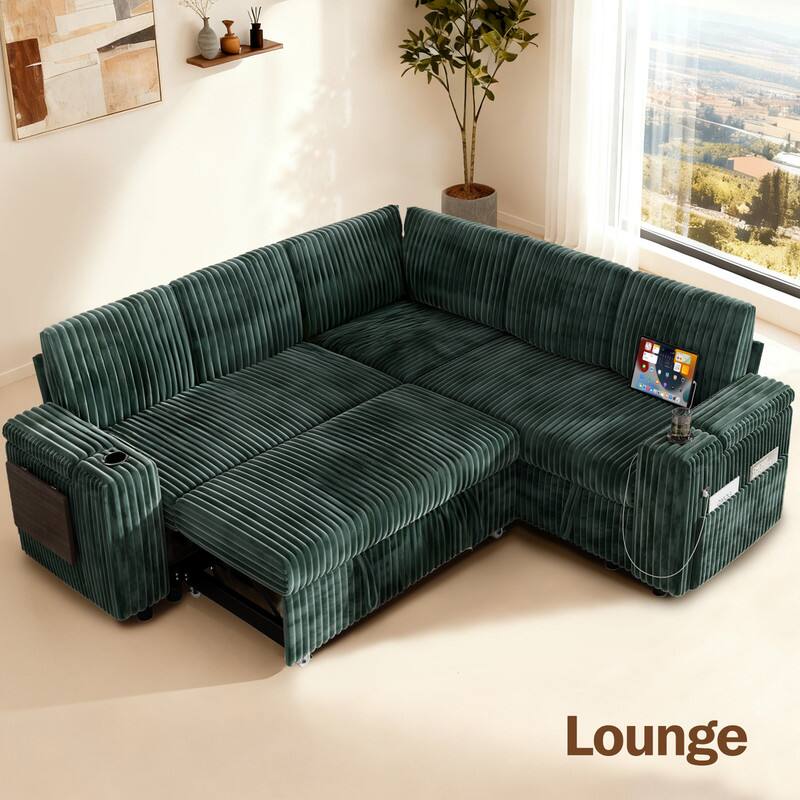 Alt View 1. Vipbear - 85" Modular Sectional Sofa with Pull Out Bed,Corduroy Fabric 5 Seat Sectional Sleeper Sofa with Storage,for Living Room - Green.