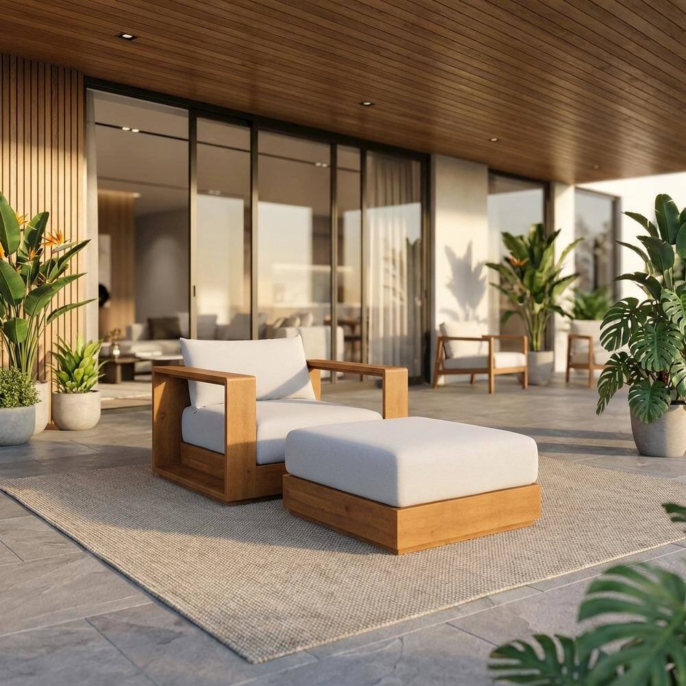 Angle. Outdoor Escape - Outdoor Patio Acacia Wood Armchair and Ottoman Set with Cushioned Seating - Gray.