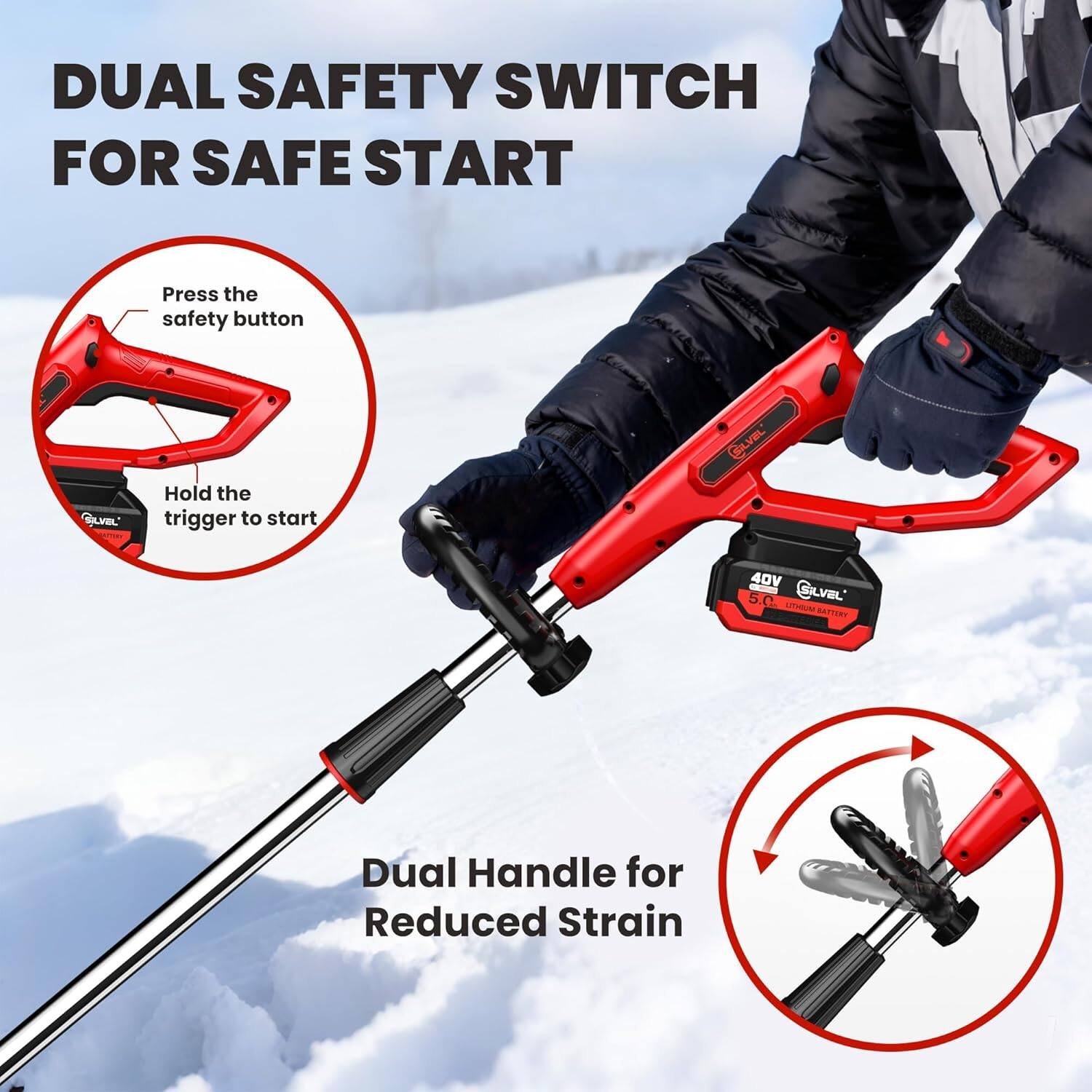 DUAL SAFETY SWITCH FOR SAFE START

Press the safety button  
Hold the trigger to start

Dual Handle for Reduced Strain

40V 5.0 GLVAL UTPINE BATTERY