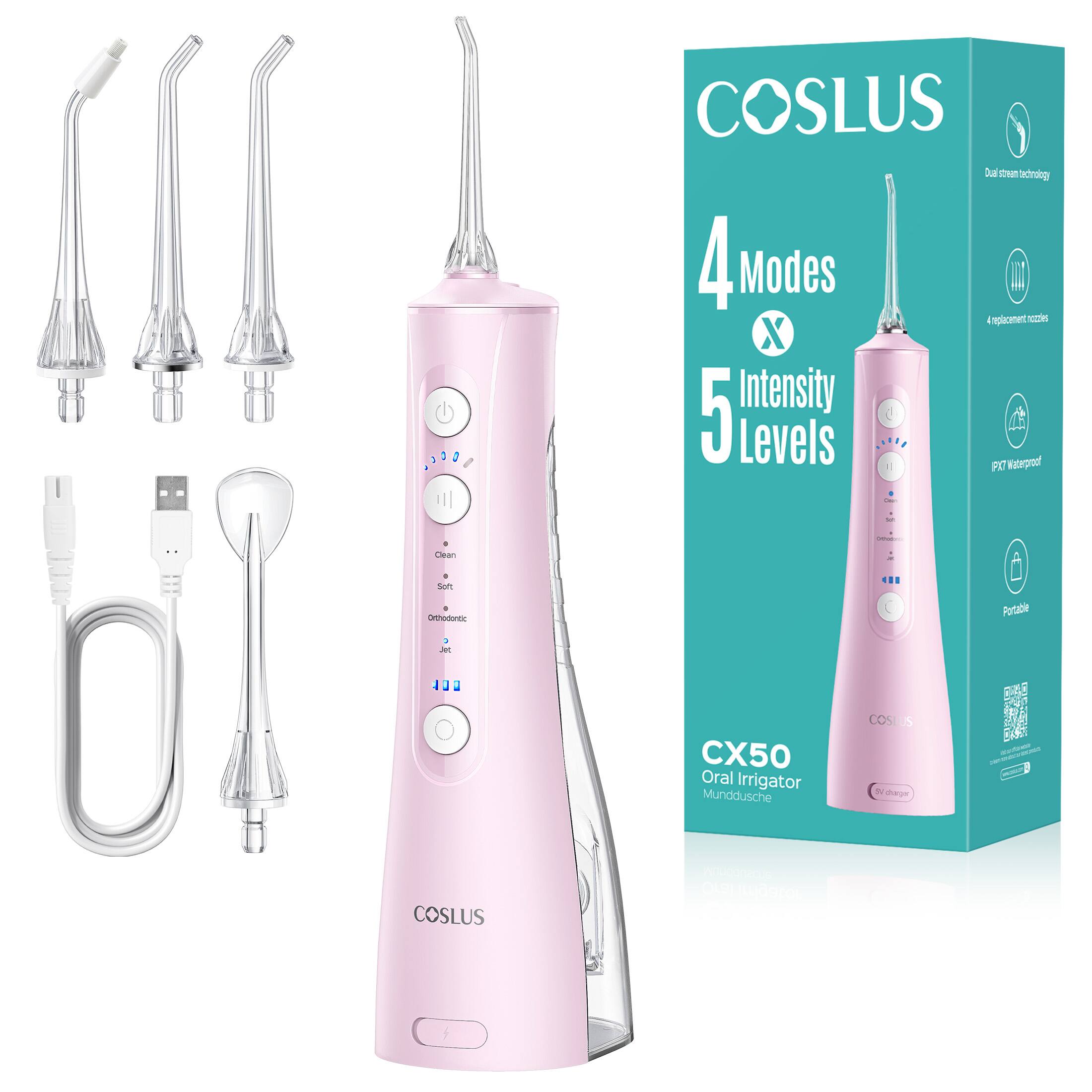 COSLUS Jus sun bacnotg ac 4 Modes L - eplcamen X Intensity 5 Levels C I FC Wtepouf - . : Cian - am AE Portable CX50 Oral Irrigator Munddusche COS 5 u - - COSLUS CNC