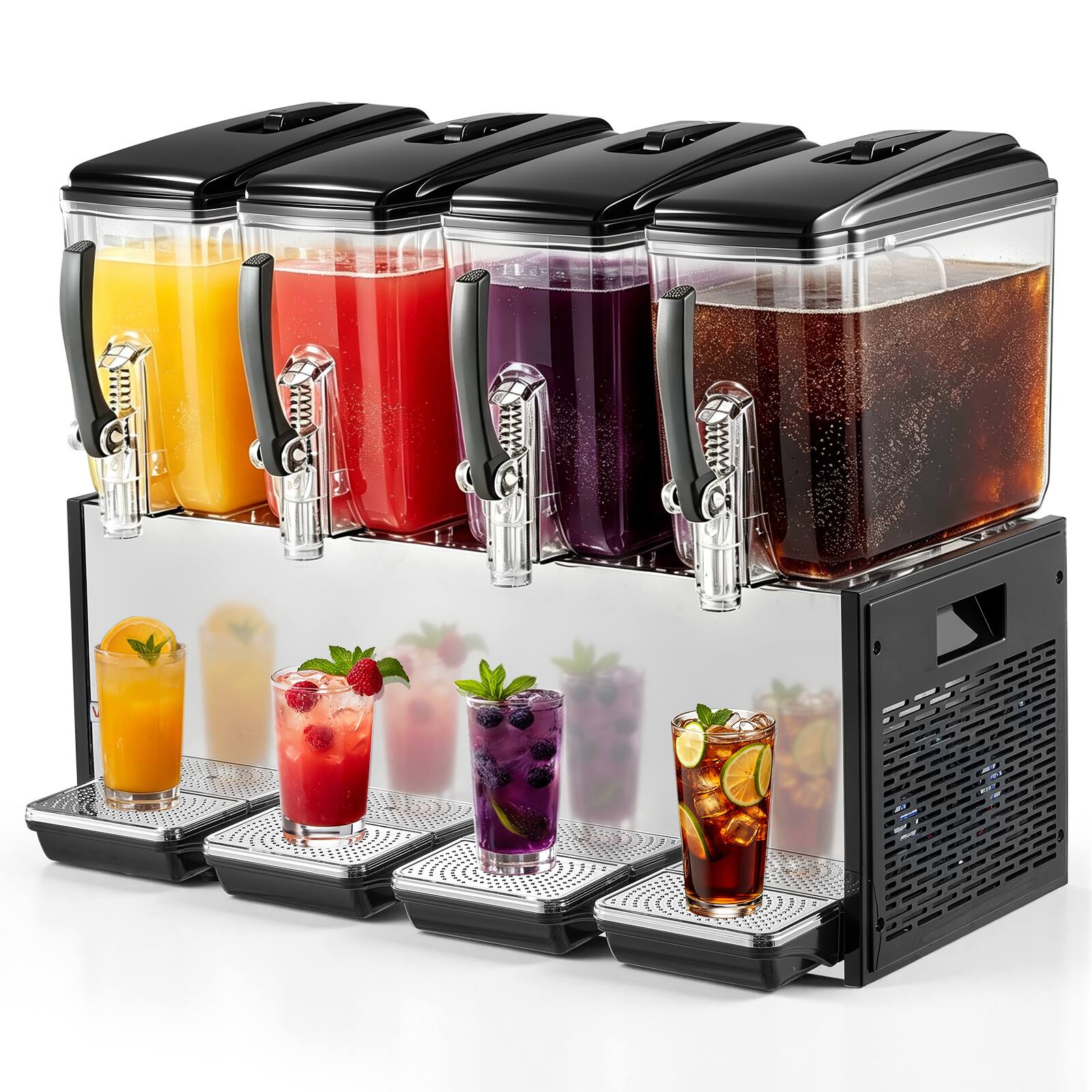 Front. VEVOR - Commercial Beverage Dispenser 4 Tanks 12 L / 12.7 QT Per Tank, Stainless Steel Juice Dispenser, Ice Tea Drink Machine - Black;Silver.