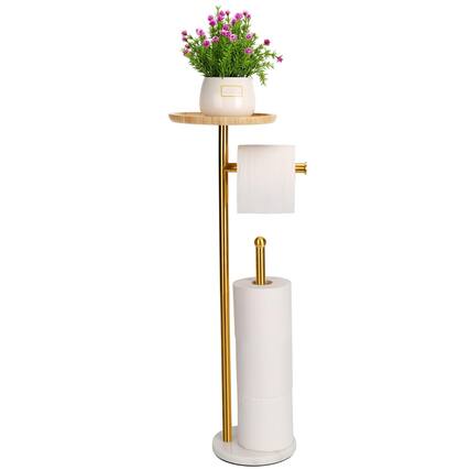 Front. Dazzed Corner - Toilet Paper Holder with 7.9" Big Tray, Marble Base,Holds 5 Paper Rolls - Gold.