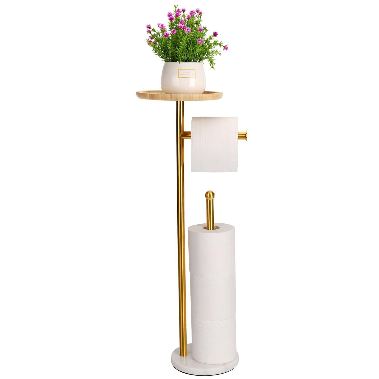 Front. Dazzed Corner - Toilet Paper Holder with 7.9" Big Tray, Marble Base,Holds 5 Paper Rolls - Gold.