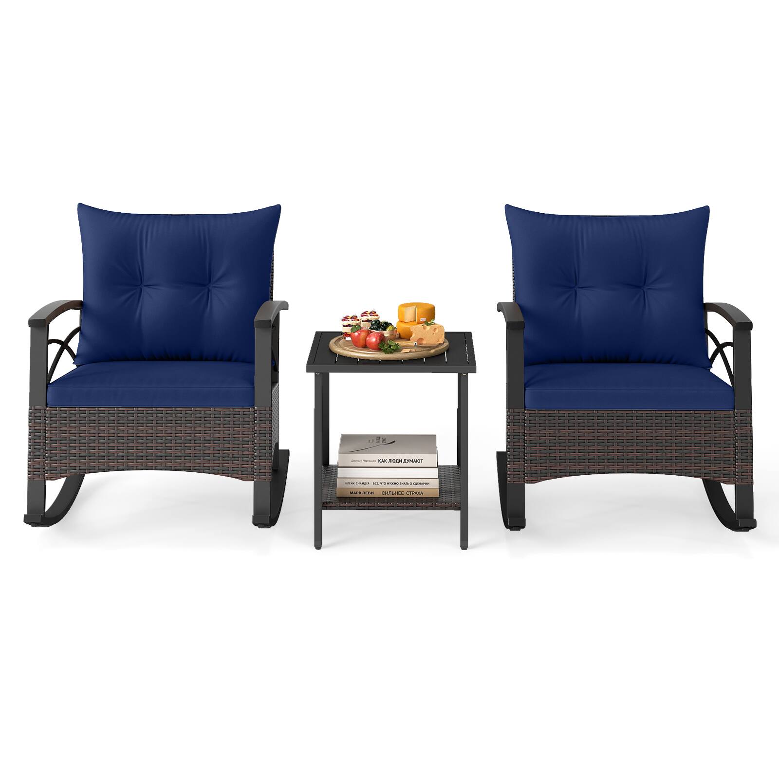 Alt View 8. Gymax - Gymax Set of 3 Rattan Rocking Chair Set w/Acacia Wood Tabletop Armrests for Porch Balcony Navy - Blue.