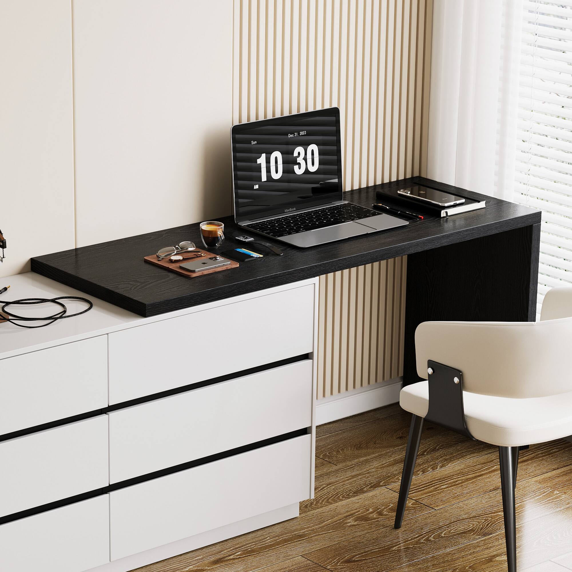 Alt View 2. luck idea - Modern Extendable Desk with 6-Drawer Storage, Reversible Left/Right Setup, Writing Desk for Home Office or Bedroom - Black.