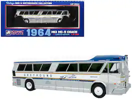 Iconic Replicas - 1964 MCI MC-5A Coach Bus Greyhound Golden Anniversary Silver Blue Gold Stripes 1/87 HO Vintage Bus Limited 504 pcs - Silver with Blue