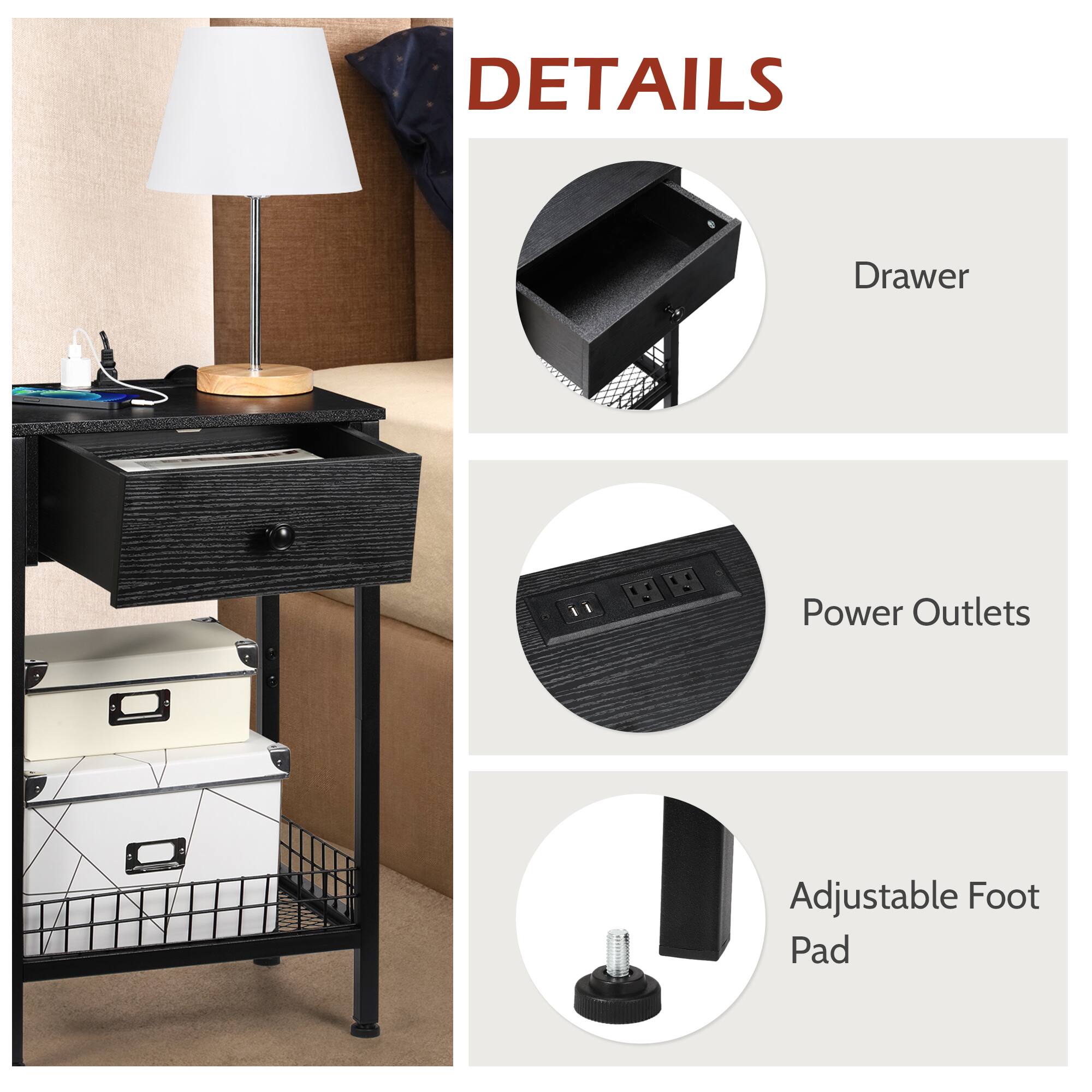 DETAILS

- Drawer
- Power Outlets
- Adjustable Foot Pad