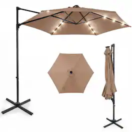 Costway - 10 FT Patio Cantilever Umbrella Large Offset Hanging Umbrella with Solar LED Lights - Brown