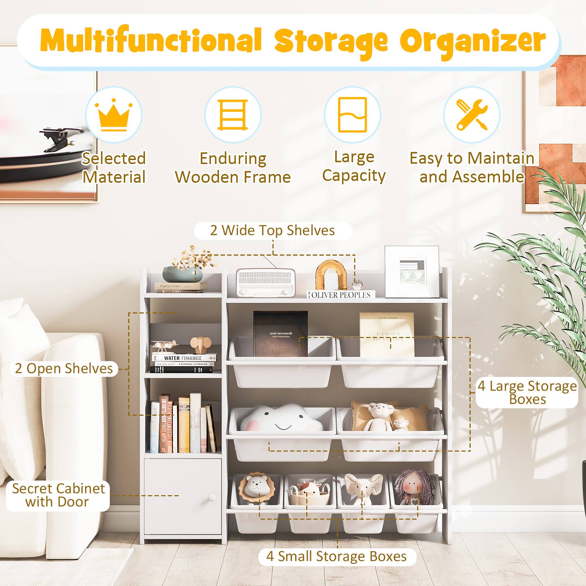 Multifunctional Storage Organizer

Selected Material
Enduring Wooden Frame
Large Capacity
Easy to Maintain and Assemble
2 Wide Top Shelves
2 Open Shelves
Secret Cabinet with Door
4 Large Storage Boxes
4 Small Storage Boxes