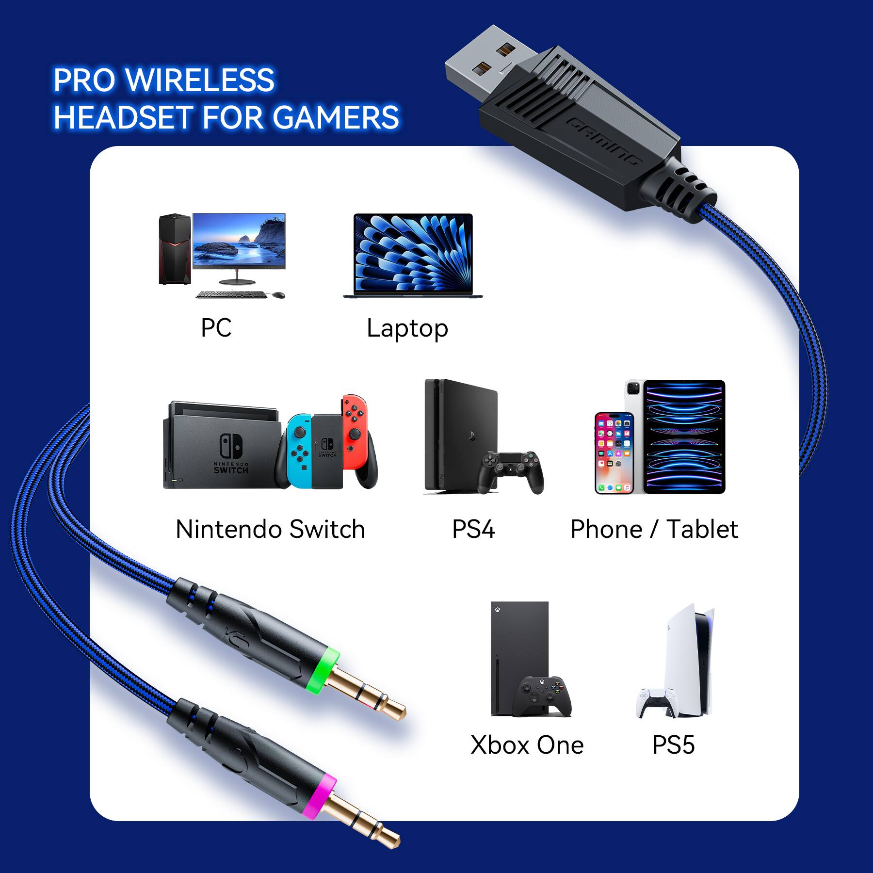 PRO WIRELESS HEADSET FOR GAMERS

PC
Laptop
Nintendo Switch
PS4
Phone / Tablet
Xbox One
PS5