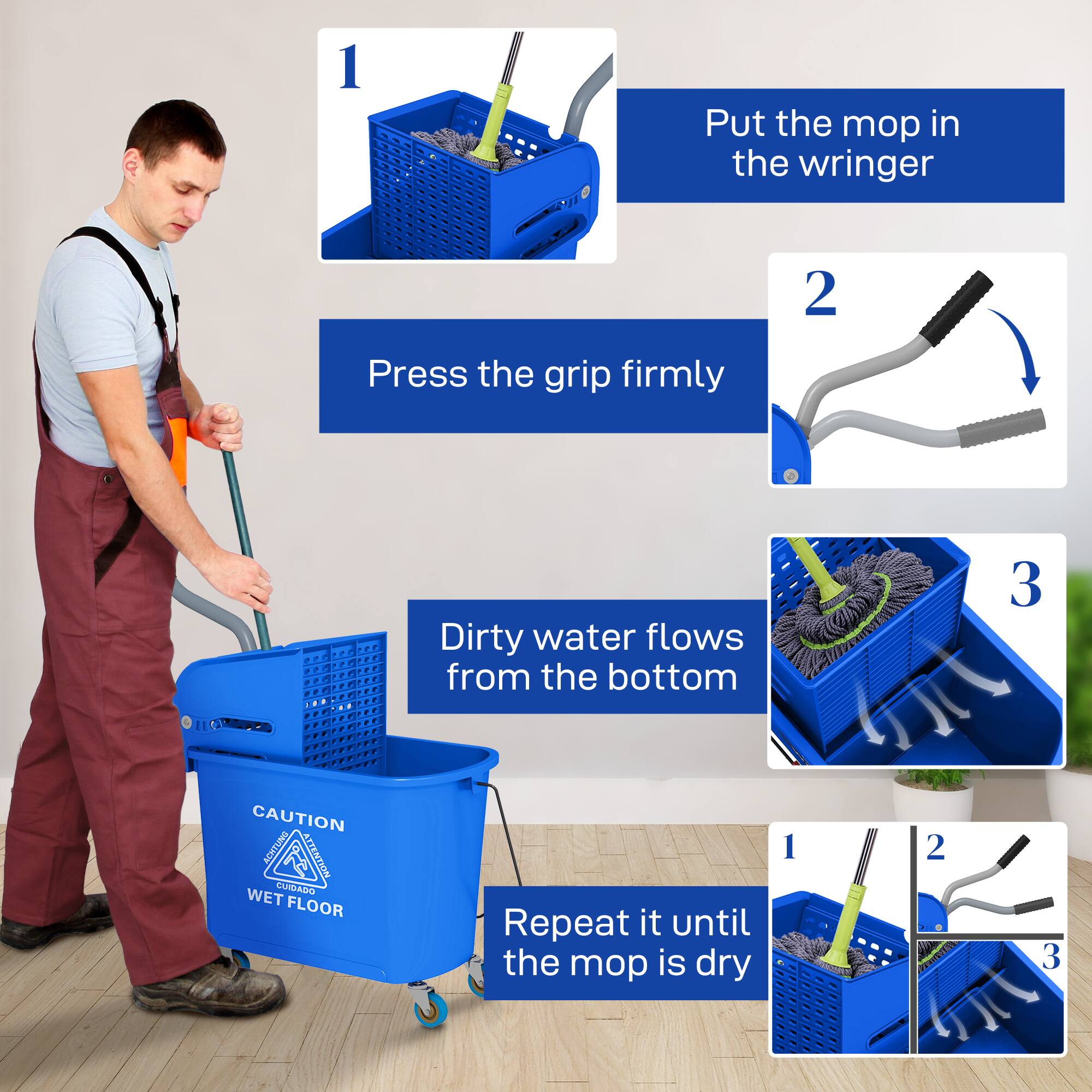1. Put the mop in the wringer  
2. Press the grip firmly  
3. Dirty water flows from the bottom  
4. Repeat it until the mop is dry  

CAUTION  
ATTENTION  
CUIDADO  
WET FLOOR