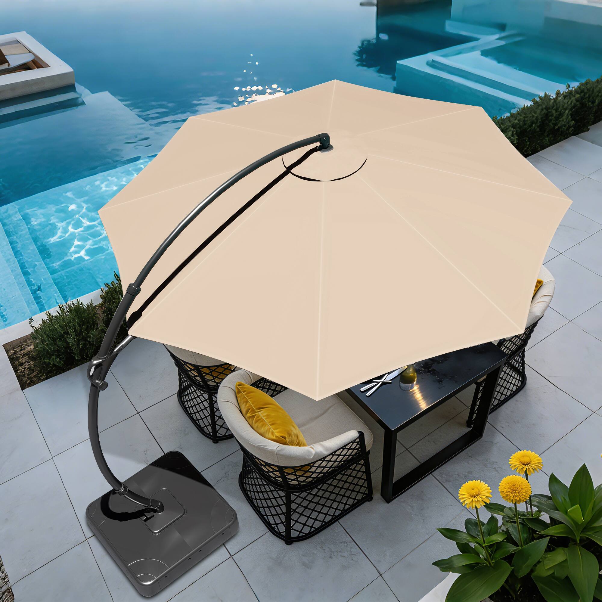 Angle. Yardgrace - 11 FT Heavy Duty Cantilever Patio Umbrella with Base and 360 Rotation for Outdoor Backyard and Pool - Champagne colour.