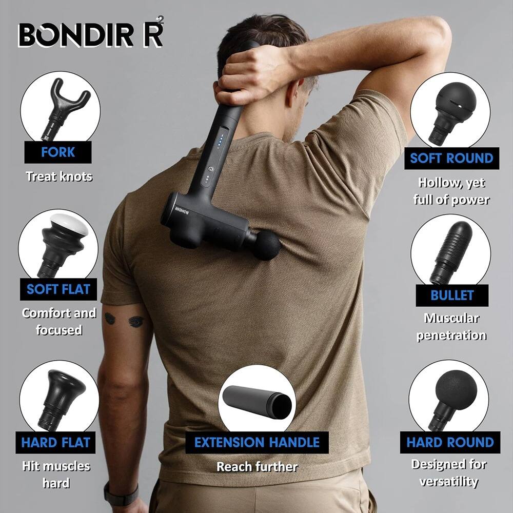 BONDIR R²

- **FORK**  
  Treat knots

- **SOFT ROUND**  
  Hollow, yet full of power

- **SOFT FLAT**  
  Comfort and focused

- **BULLET**  
  Muscular penetration

- **HARD FLAT**  
  Hit muscles hard

- **EXTENSION HANDLE**  
  Reach further

- **HARD ROUND**  
  Designed for versatility