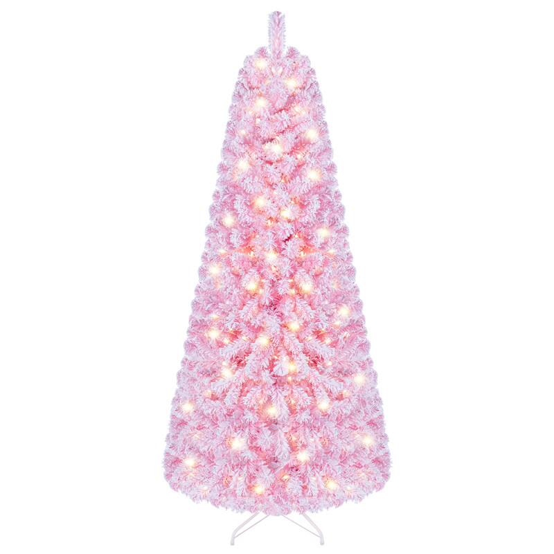 Alt View 3. WELLFOR - 6 ft Prelit Pink Flocked Fir Artificial Christmas Tree with Warm White Lights,738 Full Branch Tips - Pink.