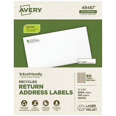 AVERY
48467
Easy Peel Pop-up edge for fast peeling
1/5 x 11/4
EcoFriendly COLLECTION
80 LABELS PER SHEET
RECYCLED RETURN ADDRESS LABELS
8000 LABELS
100 SHEETS
WHITE
Labels Made with Recycled Paper
Paper Chlorine Free
Recycling Alternative
Printed with Low-VOC Inks
Laser Inkjet
100% Processed Paper
Adhesive Printed