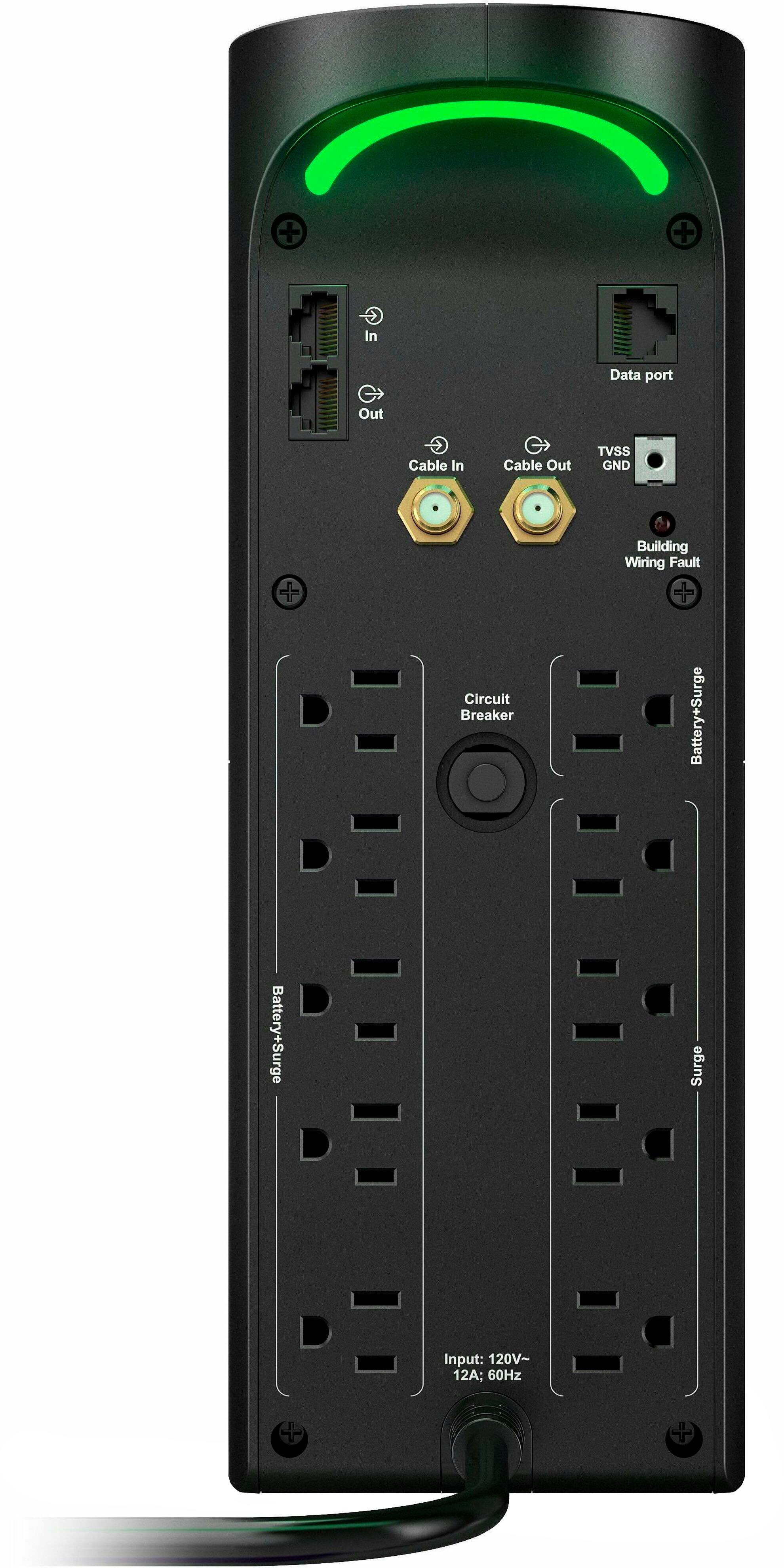 The text on the image reads: "In Data port Out Cable In Cable Out TVSS GND Building Wiring Fault Circuit Breaker Battery+Surge Battery+Surge Surge Input: 120V~ 12A; 60Hz."