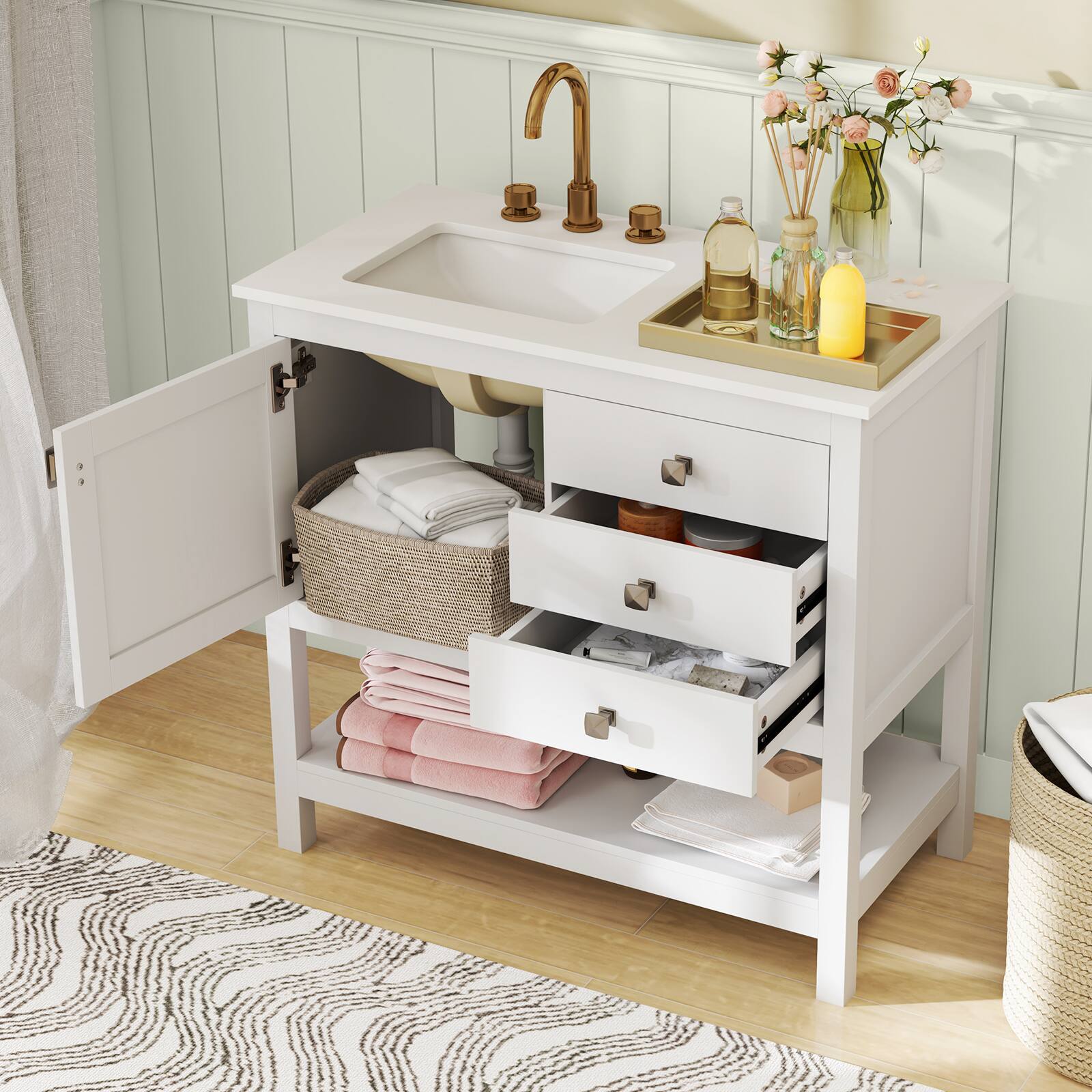 Alt View 4. Gymax - Gymax Bathroom Vanity Unit w/ Basin w/ Extra Wide Granite Countertop Ceramic Sink - White.