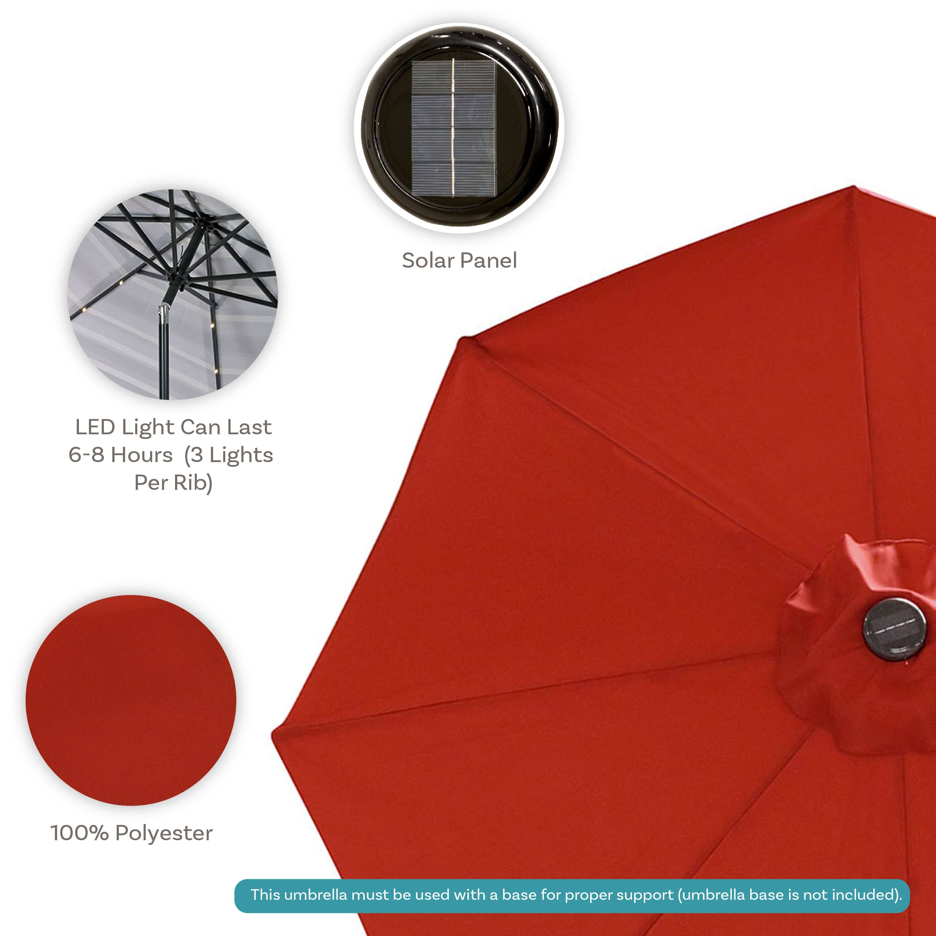- Solar Panel
- LED Light Can Last 6-8 Hours (3 Lights Per Rib)
- 100% Polyester
- This umbrella must be used with a base for proper support (umbrella base is not included).