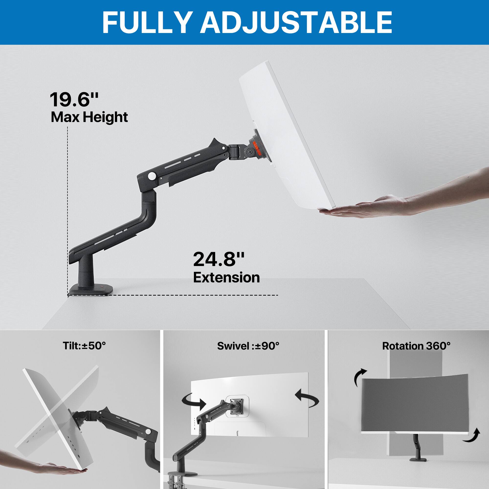 The image features a fully adjustable arm that can be extended up to 24.8 inches. It has a tilt feature that allows for a range of 50 degrees, a swivel feature that enables 90 degrees of rotation, and a rotation feature that can be adjusted up to 360 degrees. The arm is designed to hold a monitor or a laptop, providing flexibility and convenience for the user.