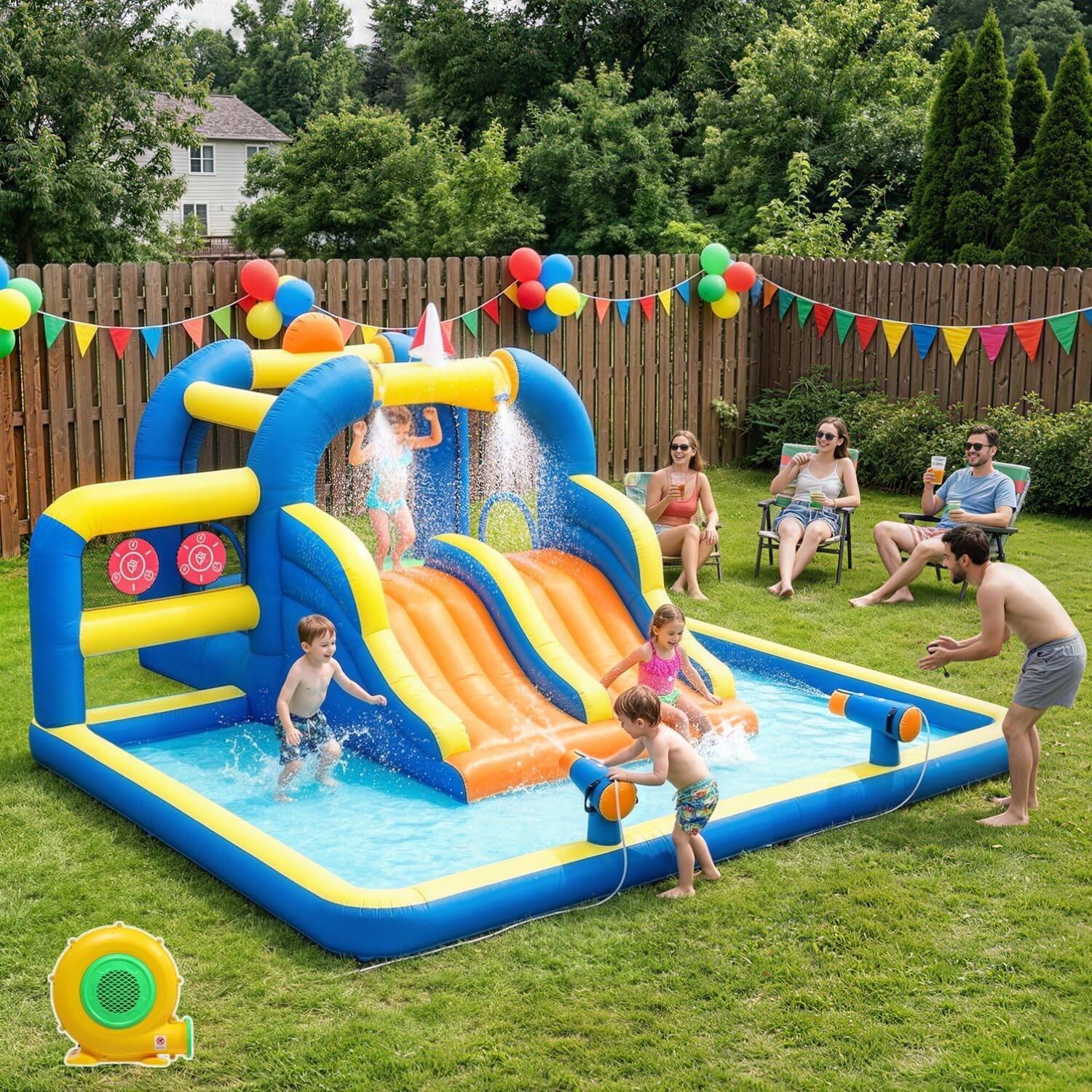 Left. Winado - Inflatable Bounce House with Double Water Slide, Outdoor Inflatable Water Park Bouncy Castle w/Jumping Area, Splash Pool.