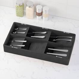Tooloton - Bamboo Flatware Drawer Organizer Tray with 6 Slots and Labels for Utensil Storage ( Color) - Black