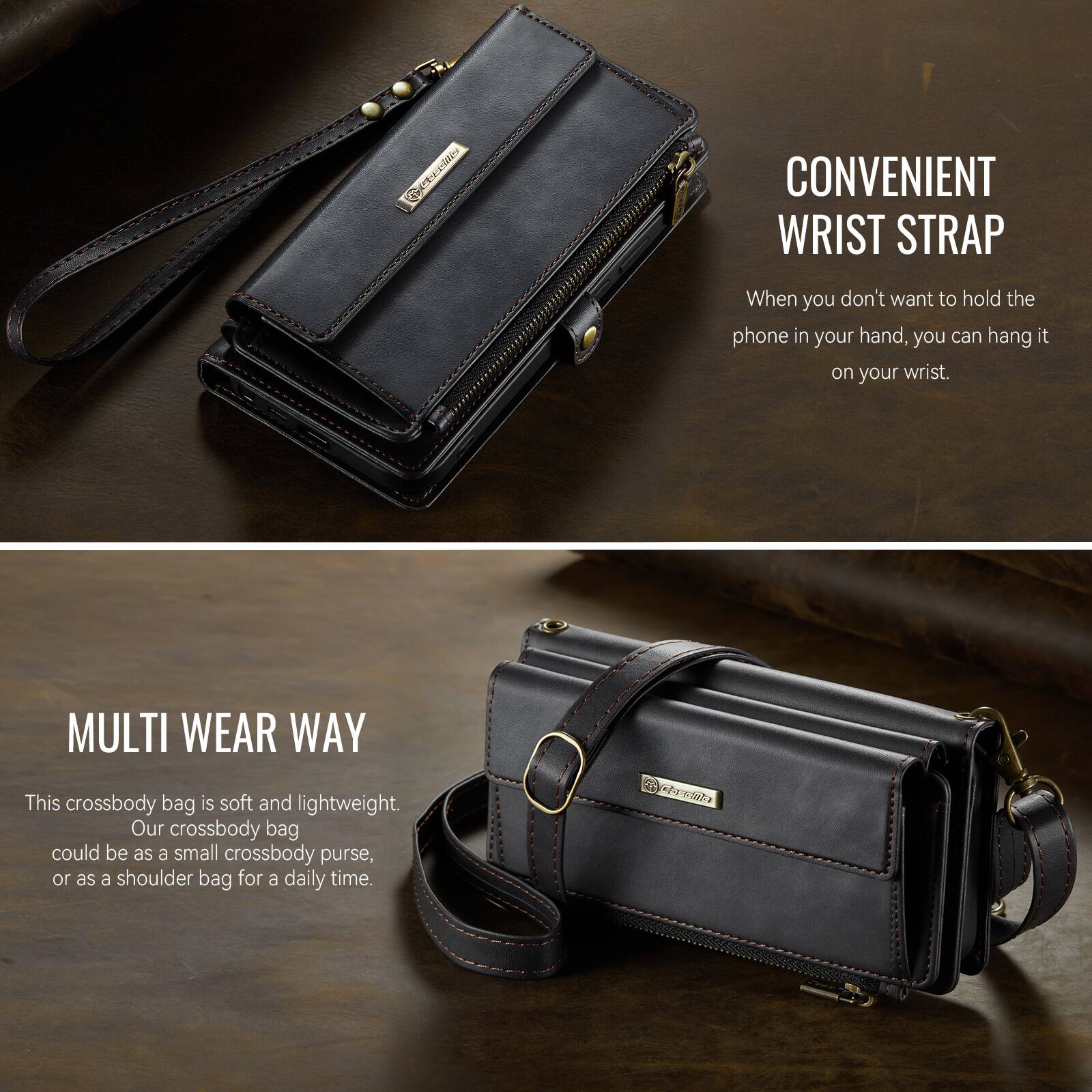 CONVENIENT WRIST STRAP  
When you don't want to hold the phone in your hand, you can hang it on your wrist.  

MULTI WEAR WAY  
This crossbody bag is soft and lightweight. Our crossbody bag could be as a small crossbody purse, or as a shoulder bag for a daily time.