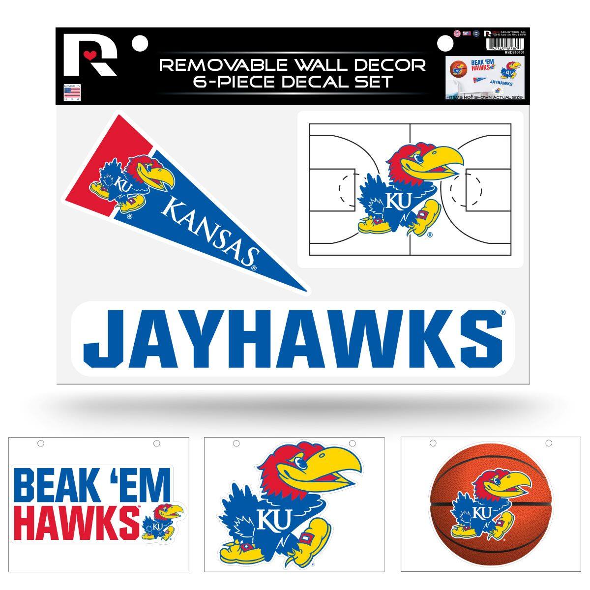R2 UAUR .E R REMOVABLE WALL DECOR BEAK 'EM HAWKS EM 6-PIECE DECAL SET INSTALL E AETUNL KU KU KANSAS JAYHAWKS BEAK 'EM HAWKS KU KU KU

REMOVABLE WALL DECOR
6-PIECE DECAL SET

BEAK 'EM HAWKS
KANSAS JAYHAWKS