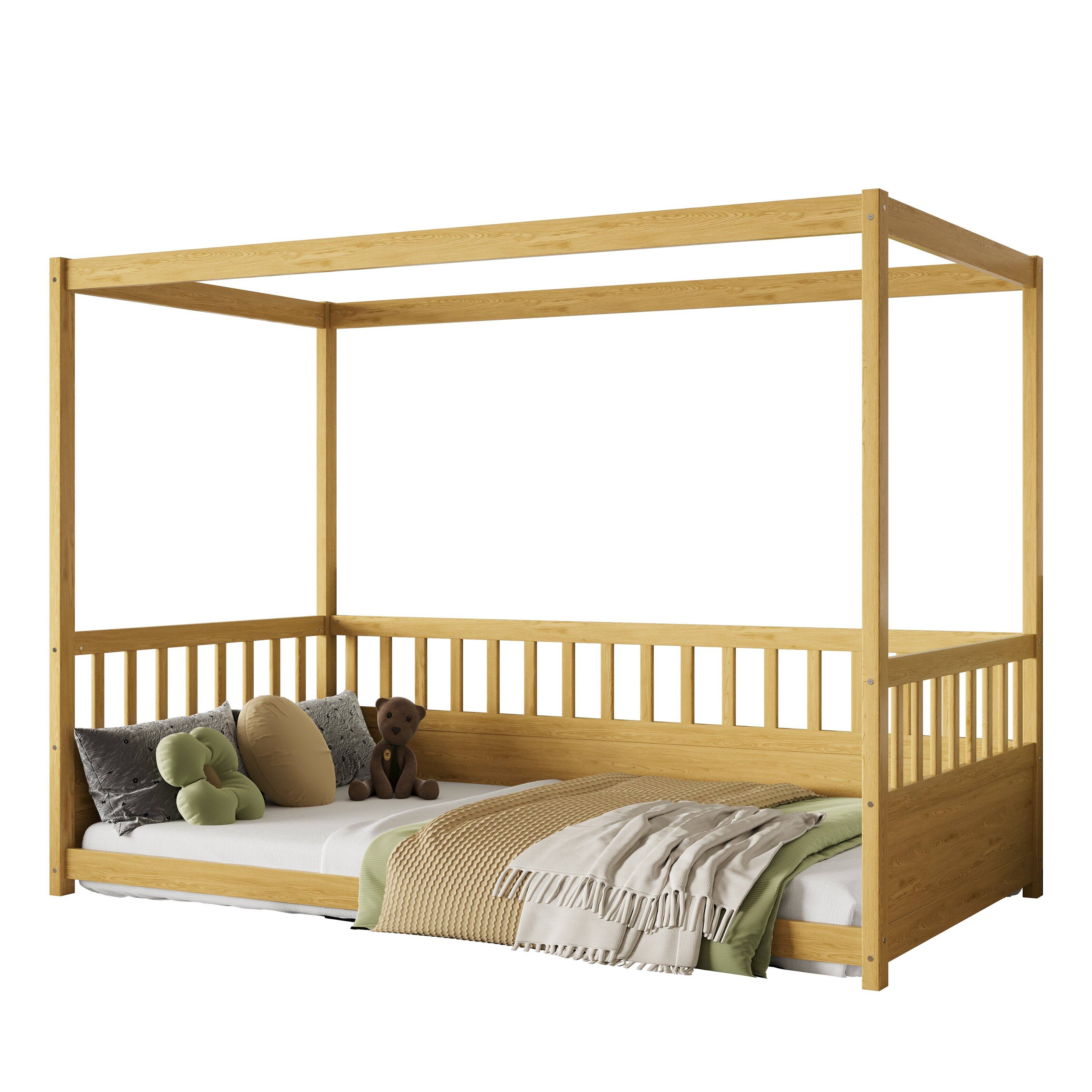 Alt View 2. GOODSILO - Twin Canopy Floor Bed with Guardrails, Montessori Wood Frame for Kids - Natural Wood.