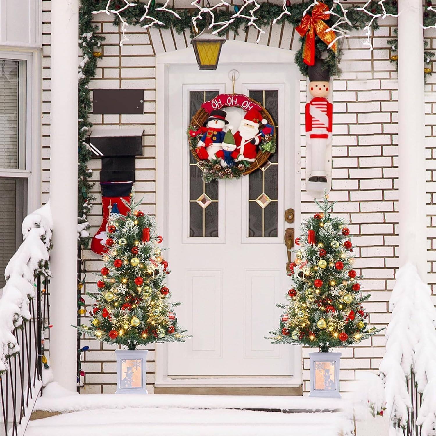 Alt View 2. GARVEE - 2 Pack 3FT Prelit Christmas Xmas Tree Flocked Snow 78 Warm White LED Lights 8 Lighting Modes with Snowman lightbox - green.