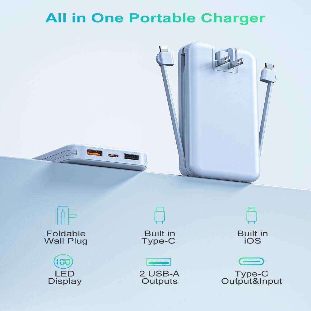 All in One Portable Charger

Foldable Wall Plug
Built in Type-C
Built in iOS
100 LED Display
2 USB-A Outputs
Type-C Output&Input