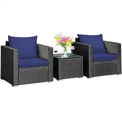 Front. Costway - 3PCS Patio Rattan Wicker Furniture Set Sofa Table W/Cushion Yard - Navy.
