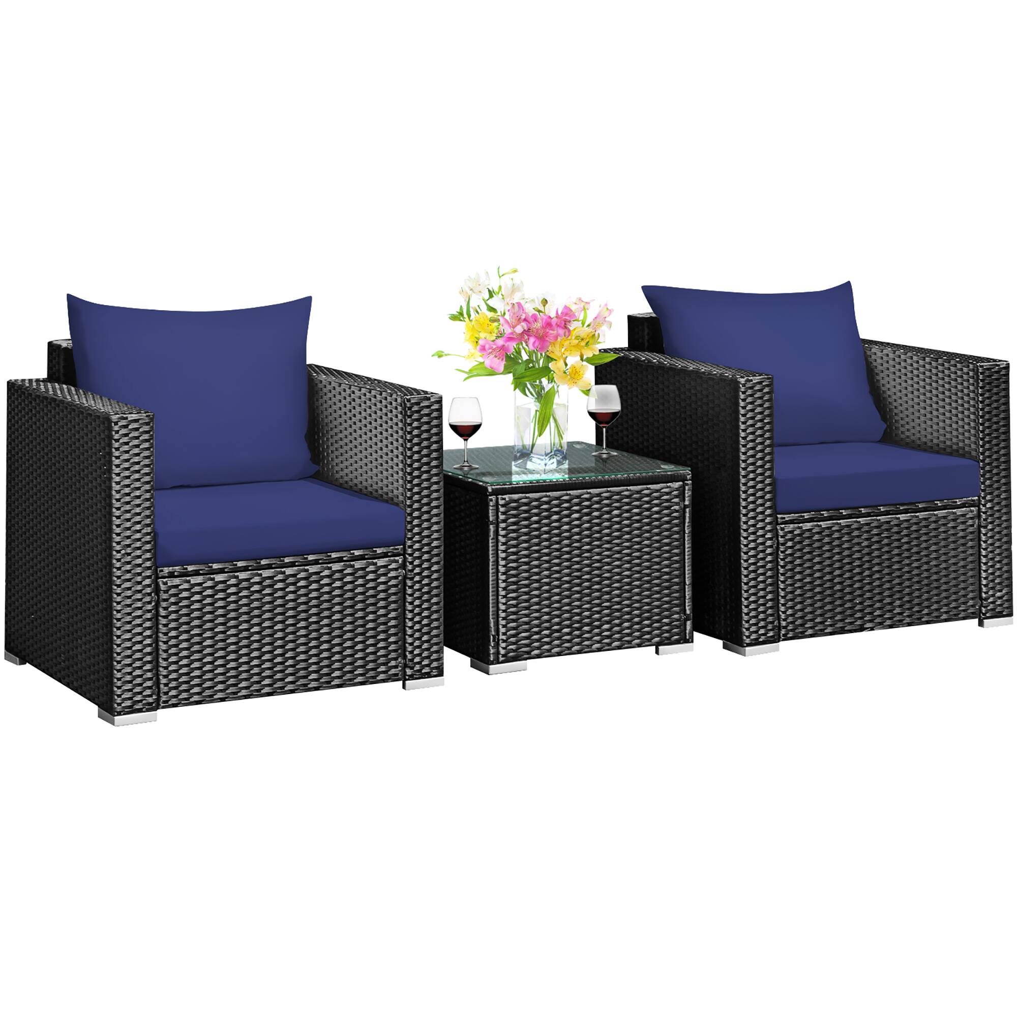 Costway - 3PCS Patio Rattan Wicker Furniture Set Sofa Table W/Cushion Yard - Navy