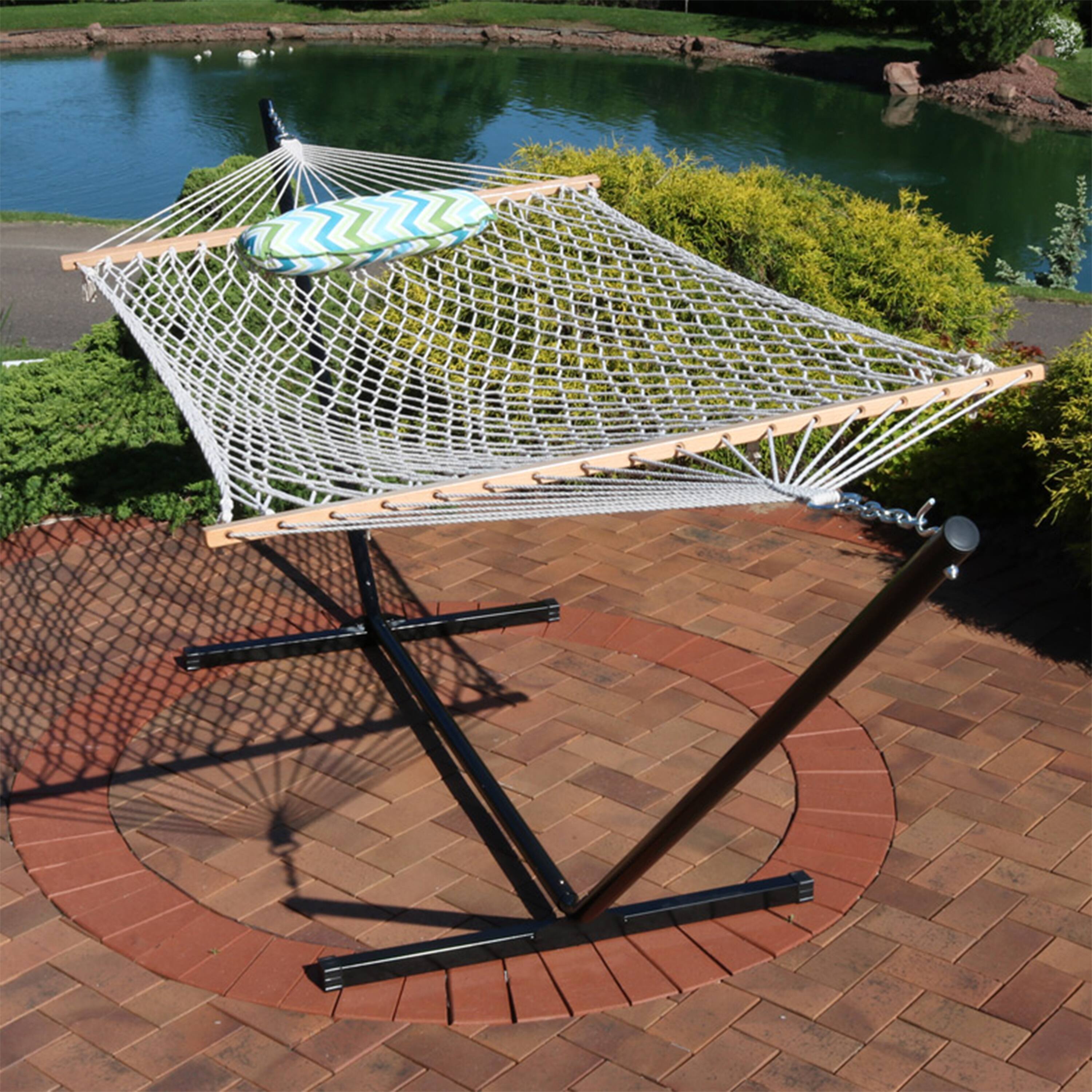 Alt View 7. Sunnydaze - Large Rope Hammock with Steel Stand and Pad/Pillow - Blue & Green Chevron.