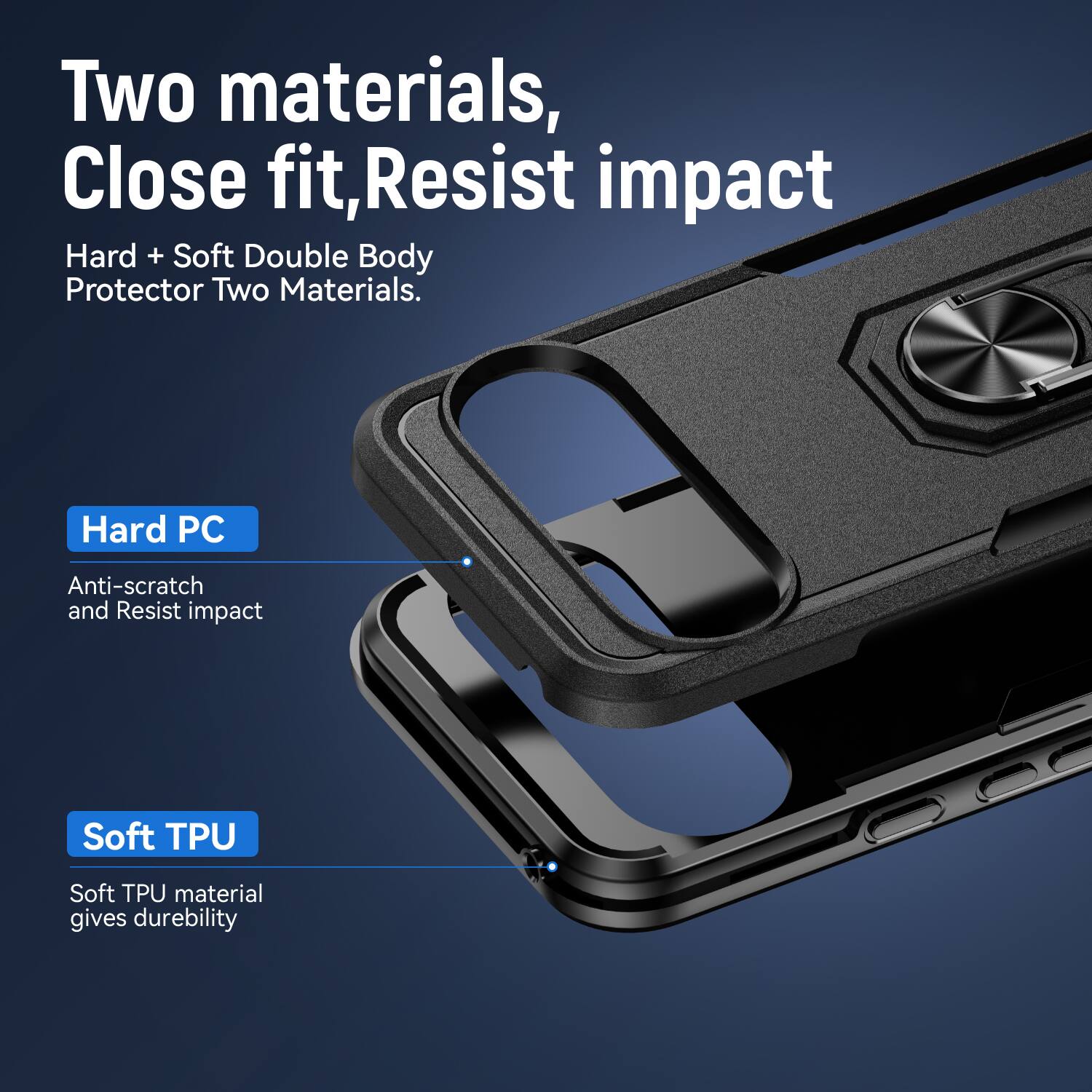 Two materials, Close fit, Resist impact  
Hard + Soft Double Body Protector Two Materials.  
Hard PC  
Anti-scratch and Resist impact  
Soft TPU  
Soft TPU material gives durability
