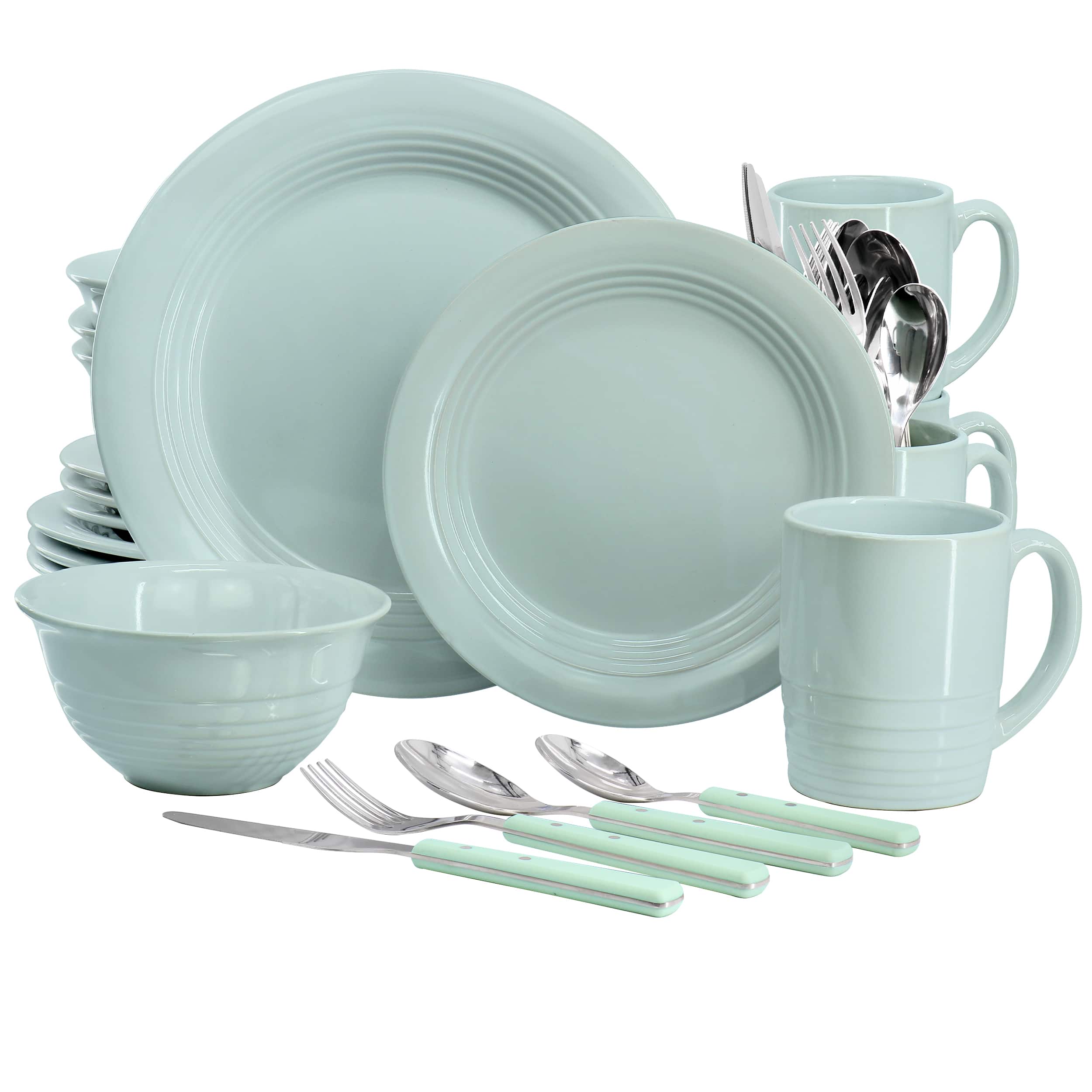 Martha Stewart - 32 Piece Stoneware Dinnerware and Flatware Combo Set - Blue