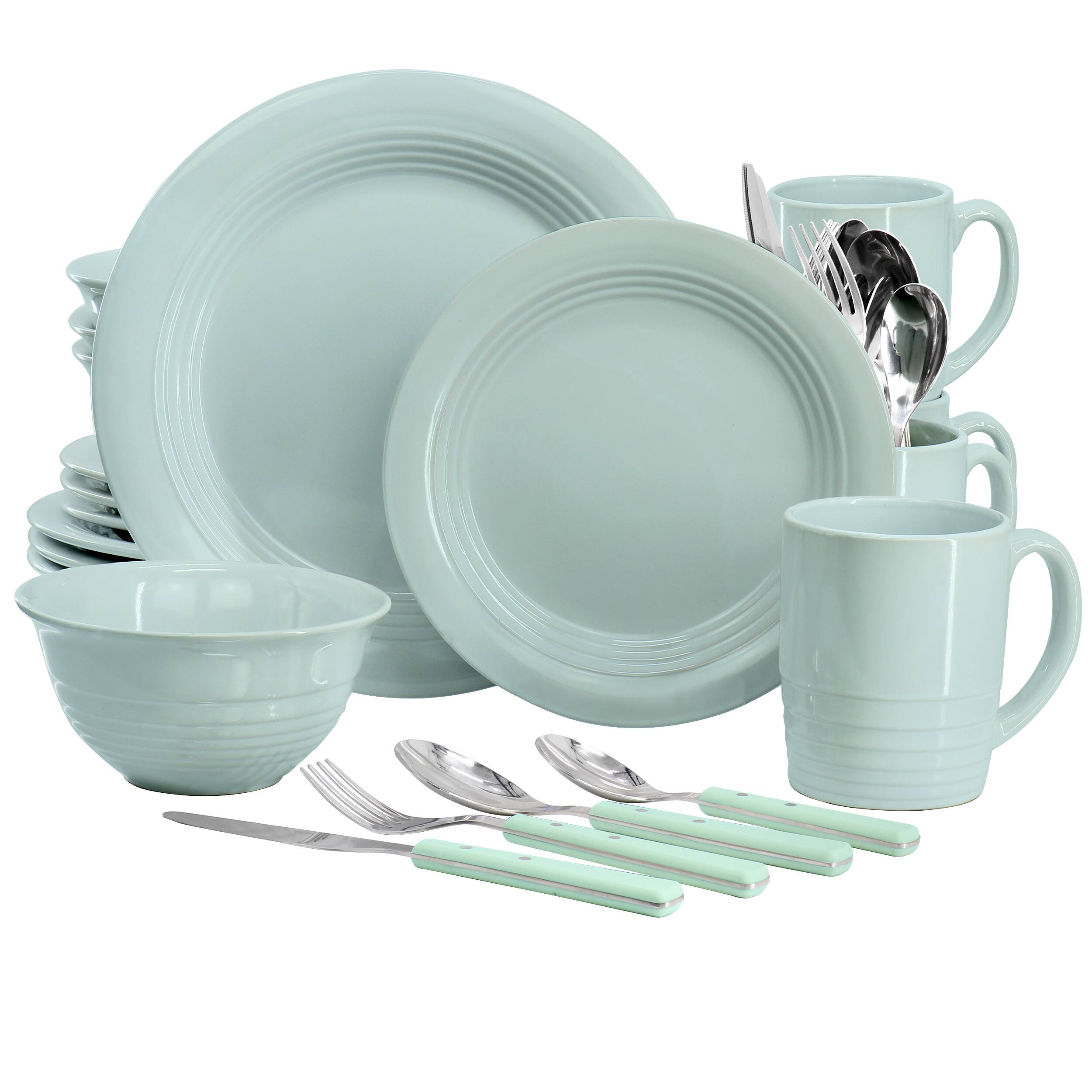 Front. Martha Stewart - Martha Stewart 32 Piece Stoneware Dinnerware and Flatware Combo Set in Blue - Blue.