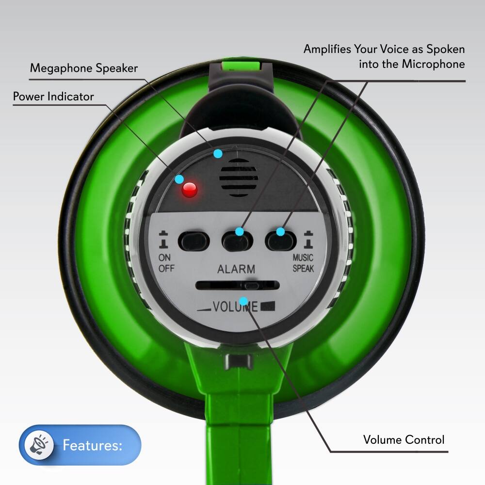 Megaphone Speaker  
Amplifies Your Voice as Spoken into the Microphone  

Power Indicator  
ON OFF  

ALARM  
MUSIC SPEAK  

VOLUME  

Features:  
Volume Control