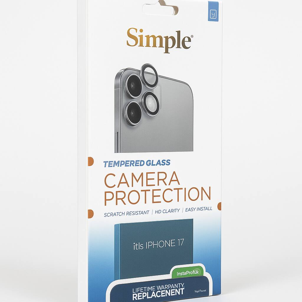 Simple  
TEMPERED GLASS CAMERA PROTECTION  
SCRATCH RESISTANT | HD CLARITY | EASY INSTALL  
itls IPHONE 17  
InstaProfuk LIFETIME WARRANTY. Fourot Yop! REPLACEMENT
