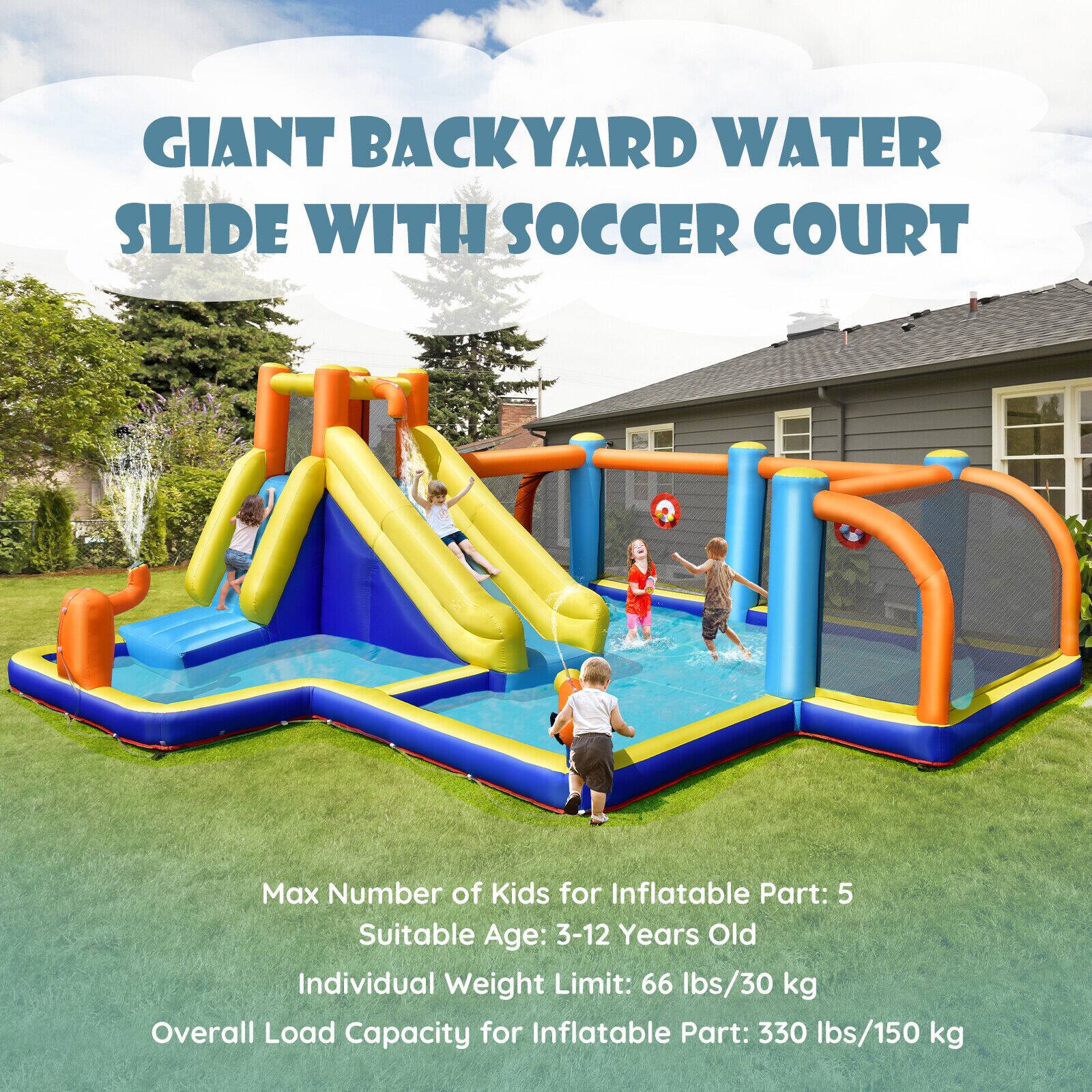 Giant Backyard Water Slide with Soccer Court

- Max Number of Kids for Inflatable Part: 5
- Suitable Age: 3-12 Years Old
- Individual Weight Limit: 66 lbs/30 kg
- Overall Load Capacity for Inflatable Part: 330 lbs/150 kg