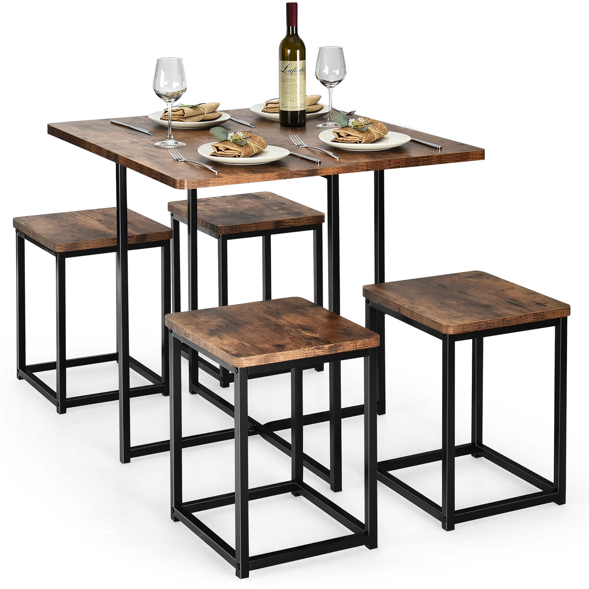 Front. Costway - 5pcs Dining Set Compact Dining Table and 4 Stools Metal Frame Nature\ Vintage Walnut - Walnut and Black.