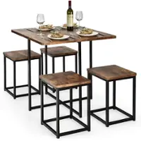 Costway 5pcs Dining Set Compact Dining Table and 4 Stools Metal Frame Nature\ Vintage Walnut - Walnut and  Black - Front_Zoom