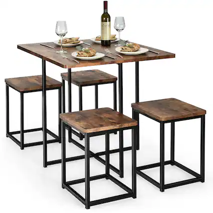 Front. Costway - 5pcs Dining Set Compact Dining Table and 4 Stools Metal Frame Nature\ Vintage Walnut - Walnut and Black.
