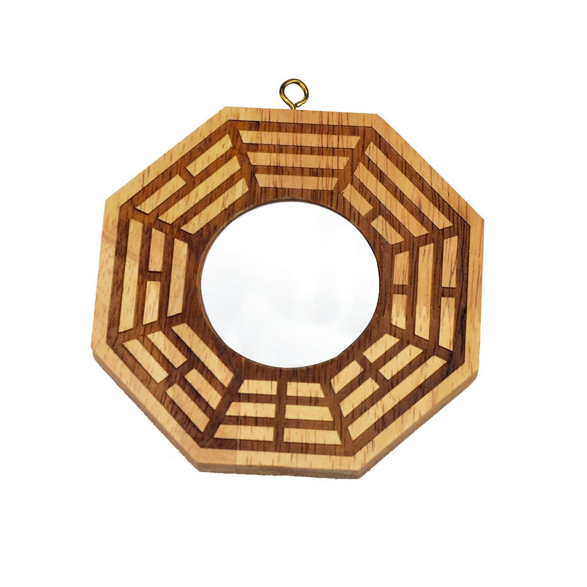 Alchemy Casas - 4" Peach Wood Bagua Mirror Feng Shui Charm with Red String - 4"L x 4"W