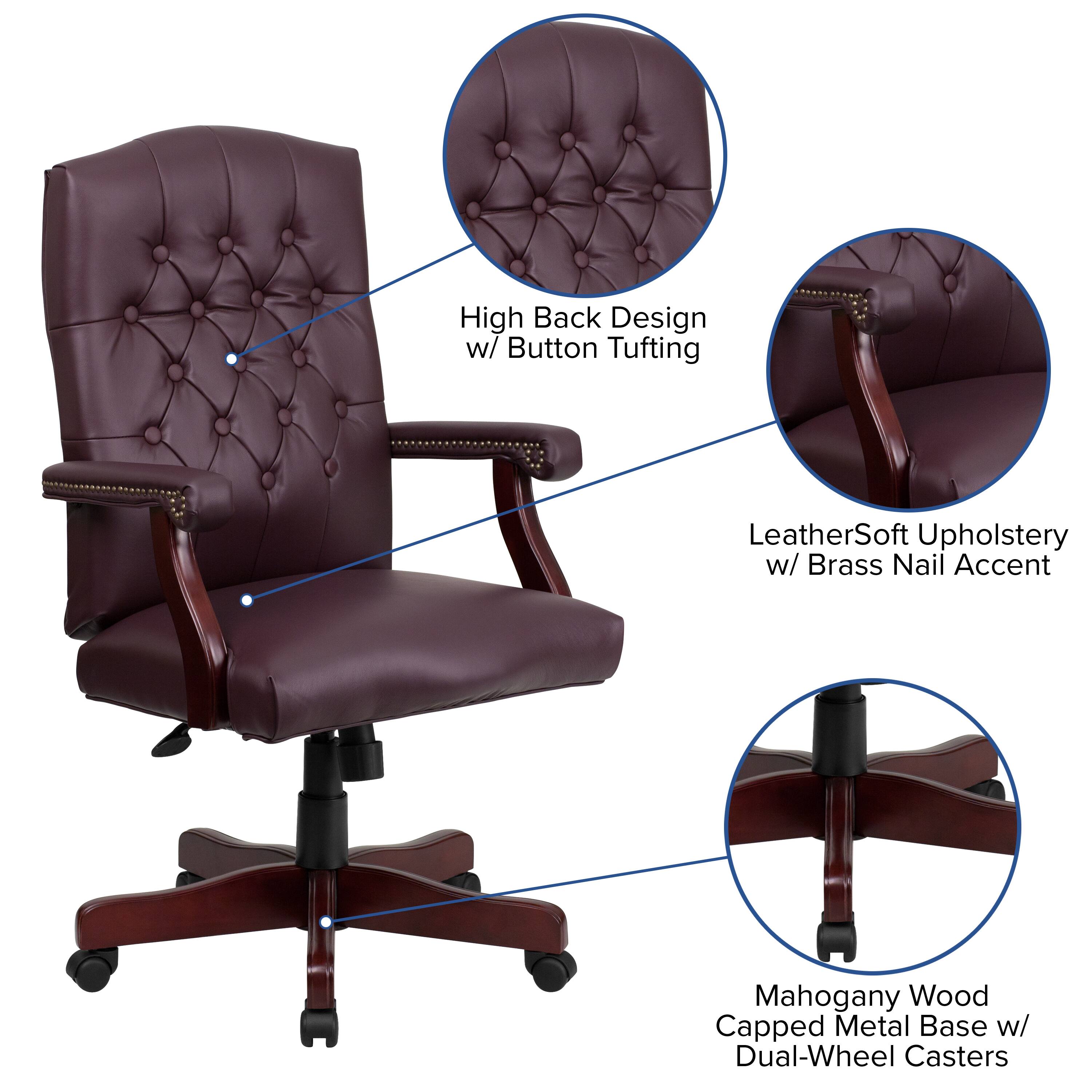 High Back Design w/ Button Tufting  
LeatherSoft Upholstery w/ Brass Nail Accent  
Mahogany Wood Capped Metal Base w/ Dual-Wheel Casters