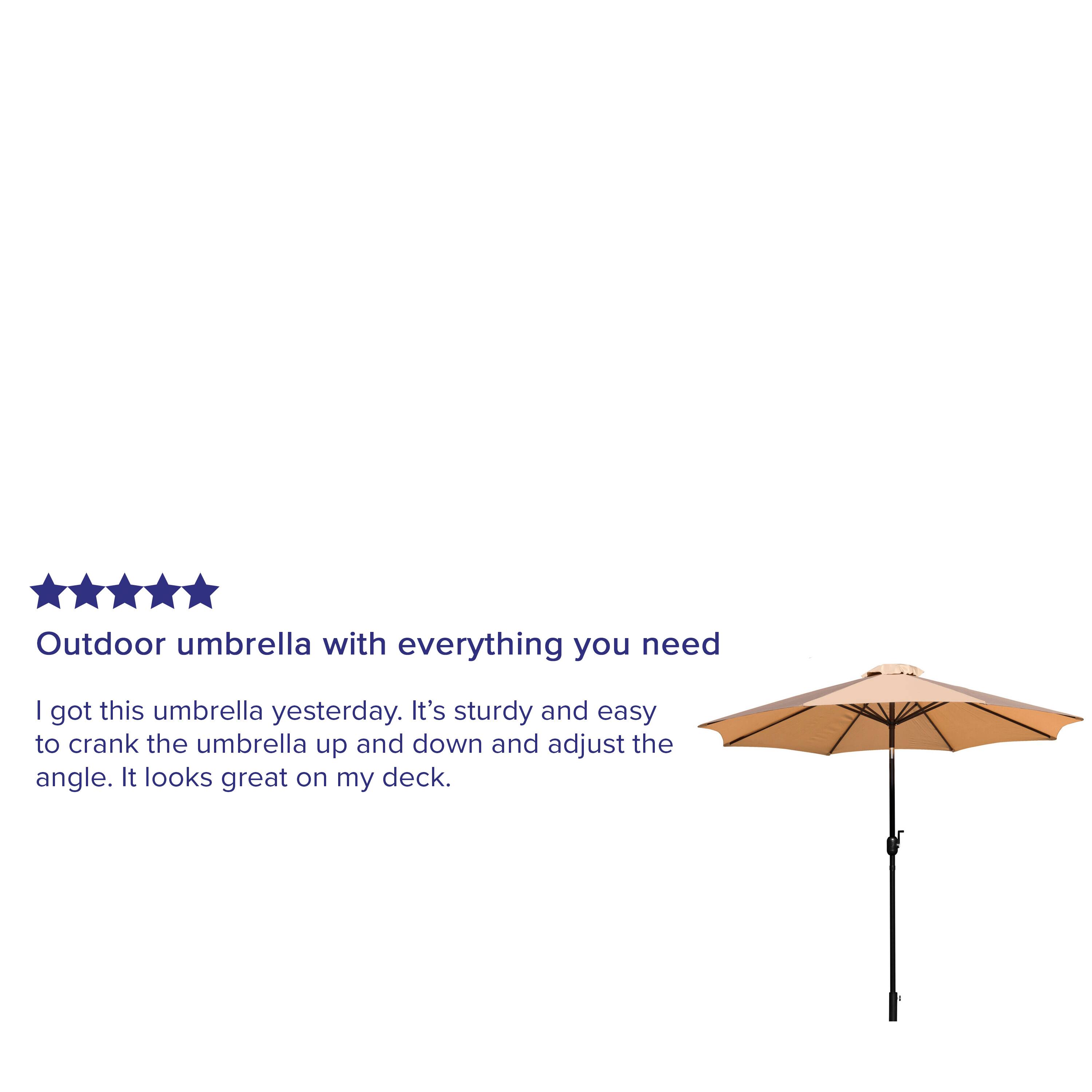 Outdoor umbrella with everything you need

I got this umbrella yesterday. It's sturdy and easy to crank the umbrella up and down and adjust the angle. It looks great on my deck.